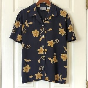 Jaclyn Smith 90's Vintage Silk Floral Short Sleeve Button Down Top Navy Tan M
